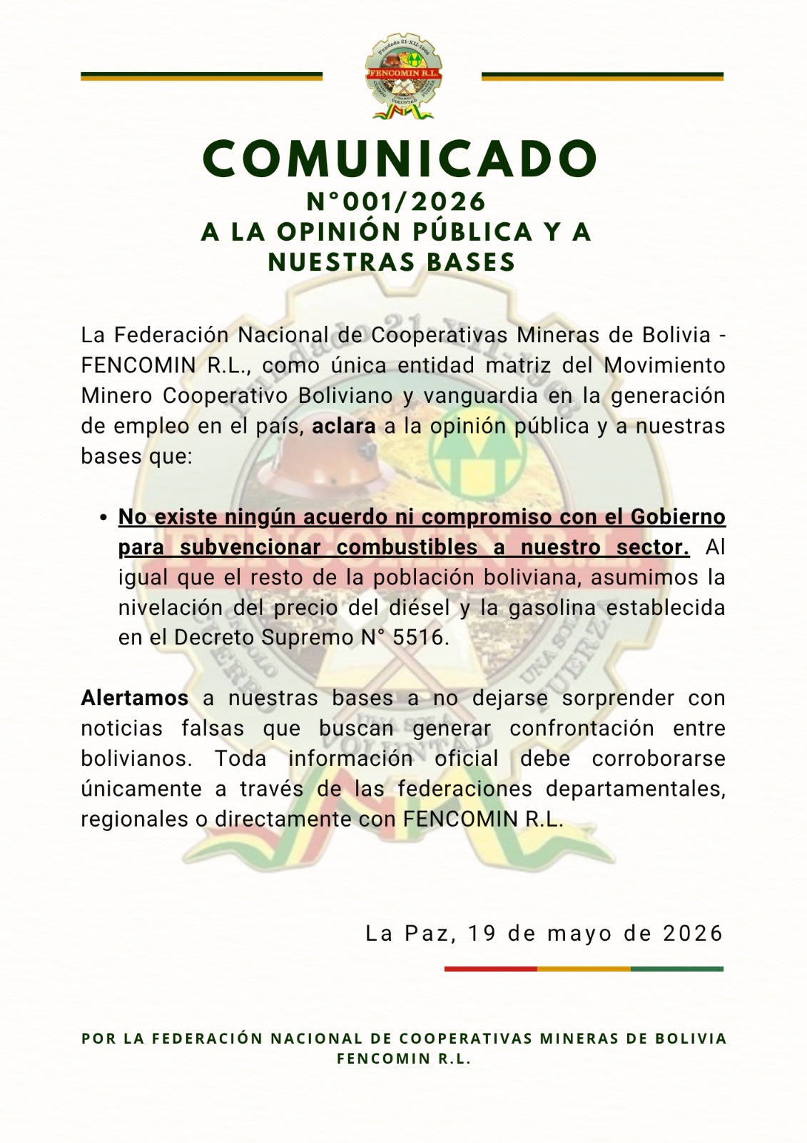 N° 001/2026 A LA OPINIÓN PÚBLICA Y A NUESTRAS BASES