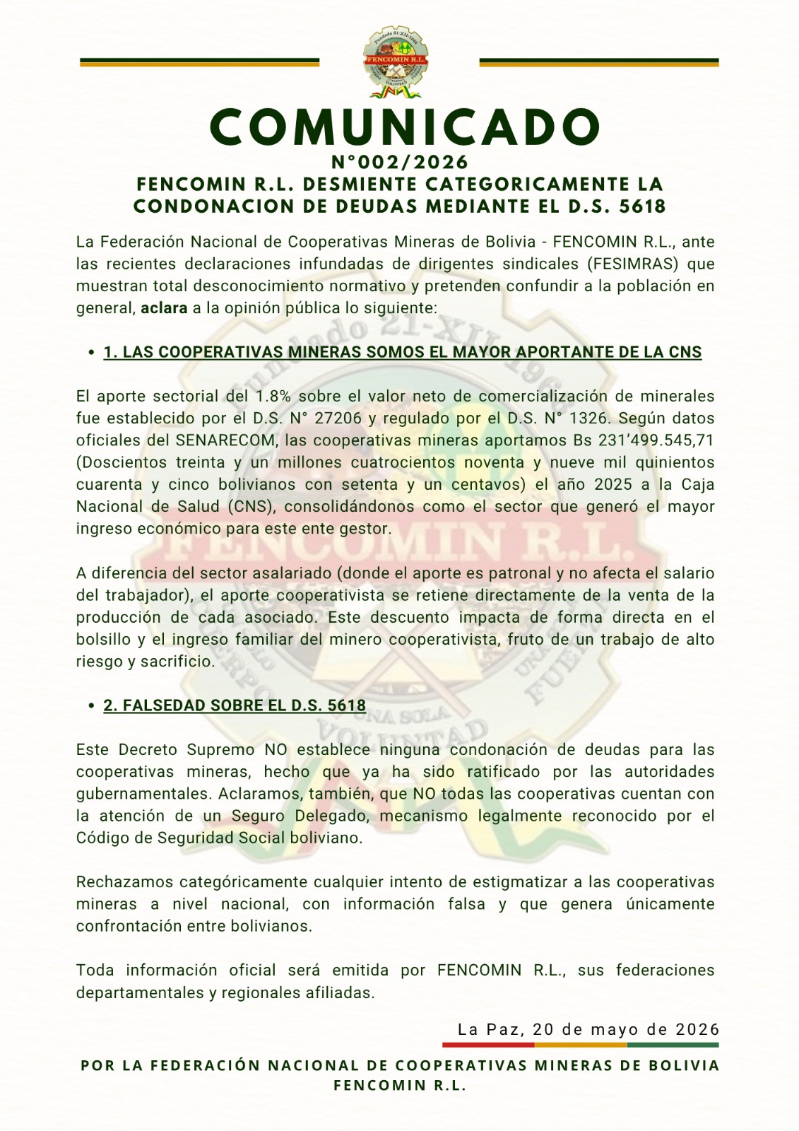 N° 002/2026 FENCOMIN R.L. DESMIENTE CATEGORICAMENTE LA CONDONACIÓN DE DEUDAS MEDIANTE EL D.S. 5618
