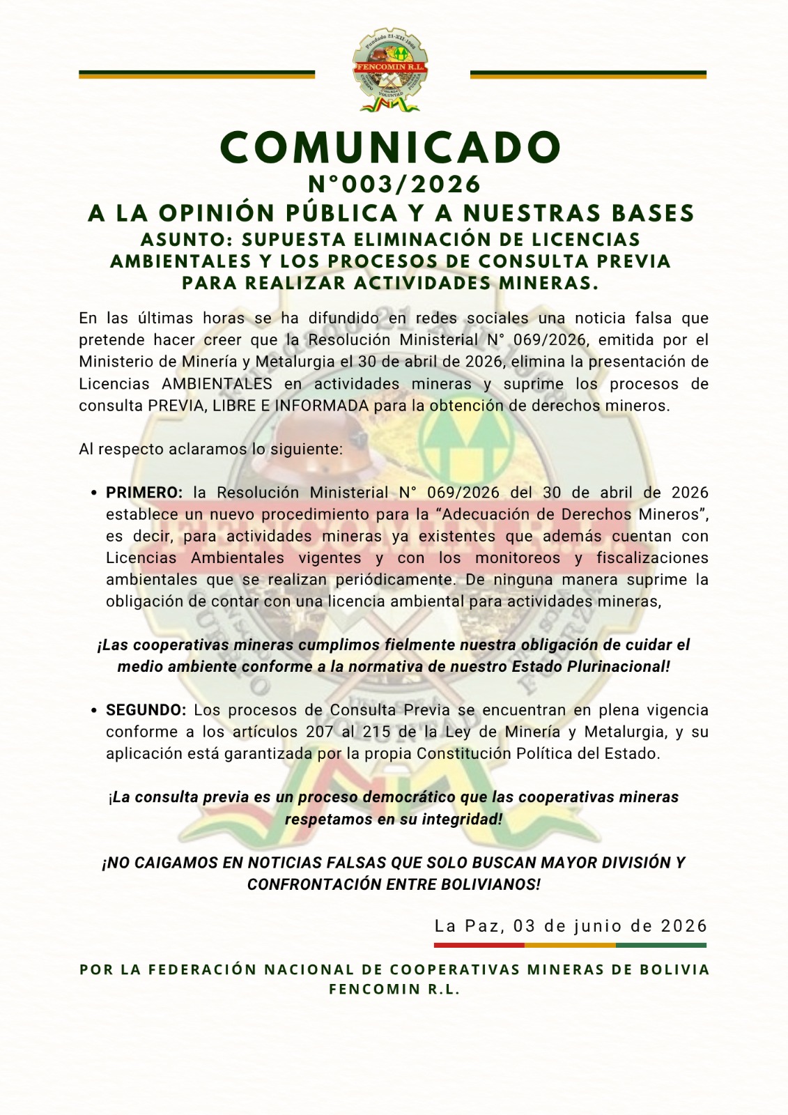 N° 003/2026 A LA OPINIÓN PÚBLICA Y A NUESTRAS BASES