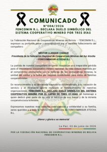 N° 004/2026 FENCOMIN R.L. DECLARA DUELO SIMBÓLICO DEL SISTEMA COOPERATIVO MINERO POR TRES DÍAS